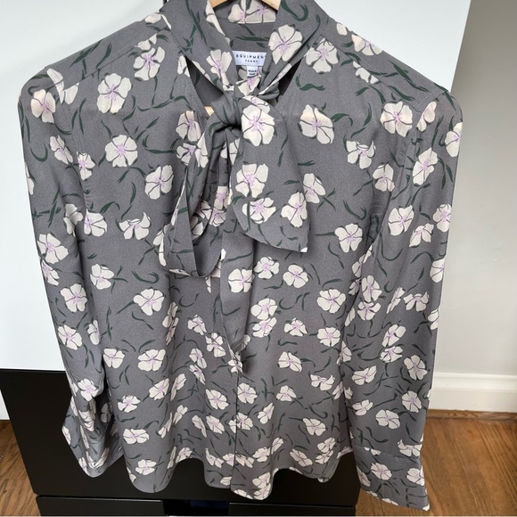 Grey Silk Tie Neck Equipment Blouse - Picture 4 of 5